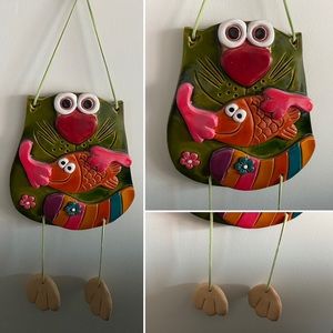 Handcrafted Whimsical Cat Got the Fish w Legs Ceramic Wall Art